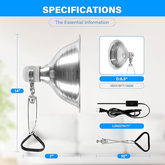 Simple Deluxe Clamp Lamp Light with Ceramic Base, 8.5 Inch Aluminum Reflector and 6 Feet Power Cord for Heat Lamp & Work Light, 2023 New Version
