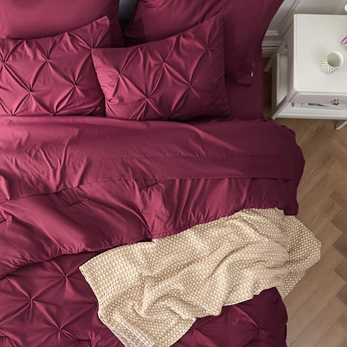 Bedsure Burgundy Comforter Set Queen - Bed in a Bag Queen 7 Pieces, Pintuck Beddding Sets Burgundy Bed Set with Comforter, Sheets, Pillowcases & Shams