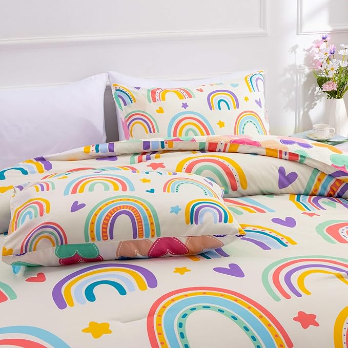 Btargot 3 Piece Kids Rainbow Comforter Set with 2 Pillow Covers, Cartoon Love Hearts Suns and Stars Bedding Set for Girls Boys Kids, Twin Beige