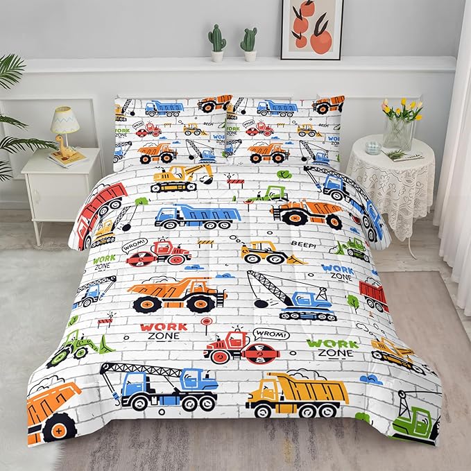 Axolotl Construction Comforter Set Full,Excavator Bedding Set,Construction Vehicles Comforter Set,Excavator Comforter,Excavator Tractor Trucks Bedding Set for Kids Boys Teens,1 Quilt 2 Pillowcases