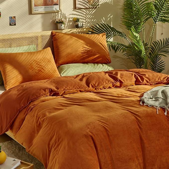 Burnt Orange Color Velvet Comforter Set Full Solid Rust Color Flannel Velvet Bedding Comforter Set All Caramel Colour 3 PCs Shaggy Soft Warm and Durable Flannel Blanket Full