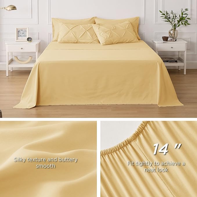 Bedsure King Size Comforter Set - Bedding Set King 7 Pieces, Pintuck Bed in a Bag Yellow Bed Set with Comforter, Sheets, Pillowcases & Shams