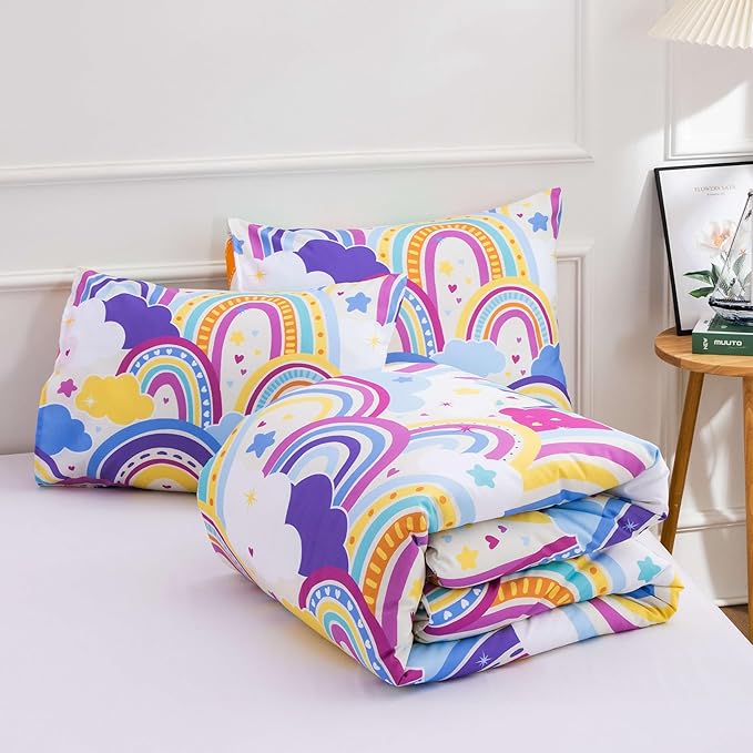 Btargot Lightweight Soft 3 Piece Rainbow Comforter Set with 2 Pillow Covers, Cartoon Love Hearts Flowers and Sun Star Bedding Set for Girls Boys Kids,Twin Light Purple