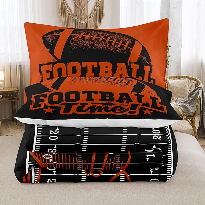 Tailor Shop Sports Football Bedding Set for Boys Kids Teens ，Football Comforter Sets Twin Size Black Rugby Theme Bedding Set with 1 Comforter 1 Pillowcases…