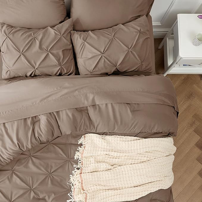 Bedsure King Size Comforter Set - Bedding Set King 7 Pieces, Pintuck Bed in a Bag Brown Bed Set with Comforter, Sheets, Pillowcases & Shams