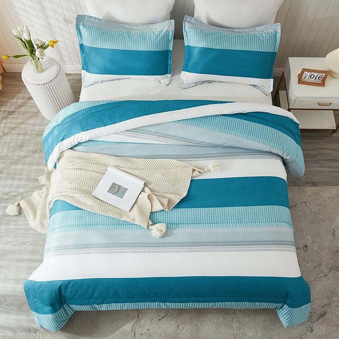 Litanika Teal White Bed Comforter Twin Set, XL Twin Comforter Striped Bedding Comforter Set, 2 Pieces Lightweight Soft All Season Down Alternative Comforter (1 Comforter, 1 Pillowcase)