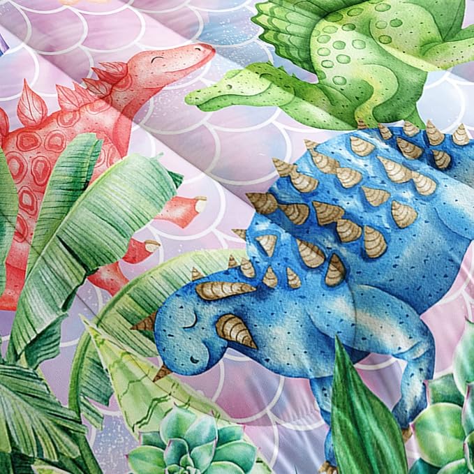 Datura home Kids Dinosaur Comforter Set for Girls Women,Cute Mermaid Scales and Rainbow Cloud Printed Pattern Kawaii Dinosaur Bedding Set with 2 Pillowcases(Dinosaur Rainbow Full)