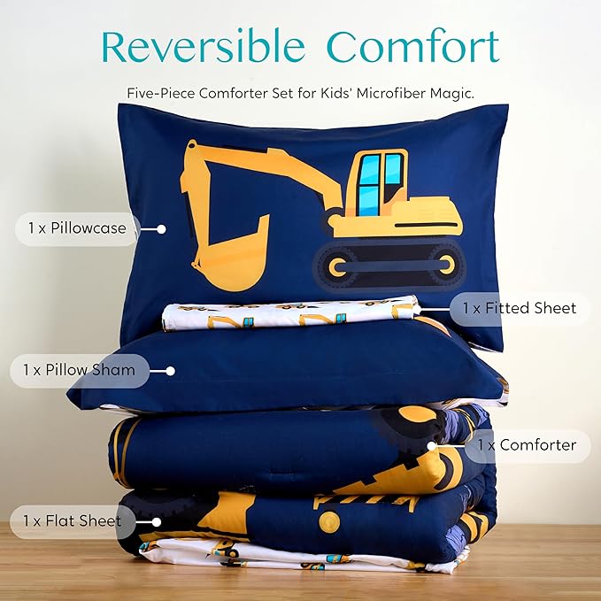 Joiedomi Kid Twin Comforter Set - 5 Piece Construction Vehicle Bedding Set for Boys/Girls - Super Soft Microfiber Bed in a Bag with Comforter, Sheets, Pillowcase & Sham