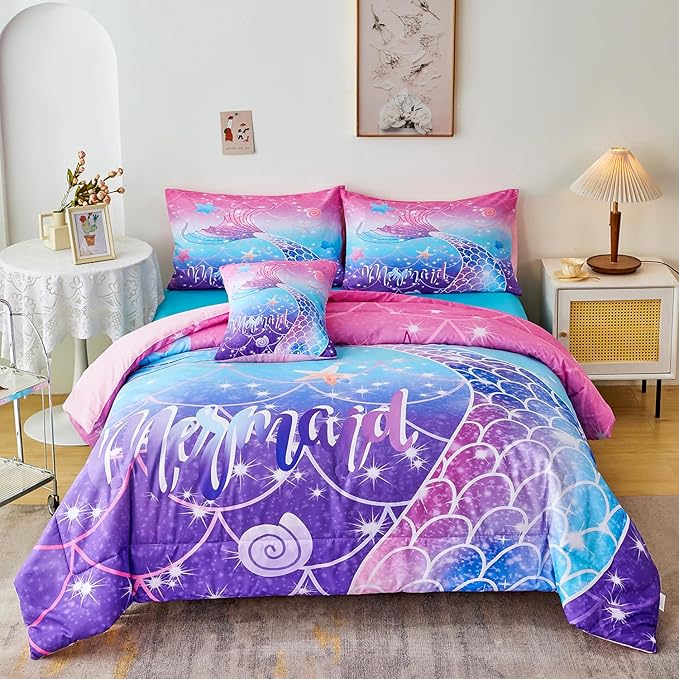URBONUR 6Pcs Purple Blue Comforter Set Queen Size for Girls Bed in a Bag Queen Bedding Set with Comforter and Sheets Set, Gradient Mermaid Tail Printed Bed Sets for Teens Girls Women