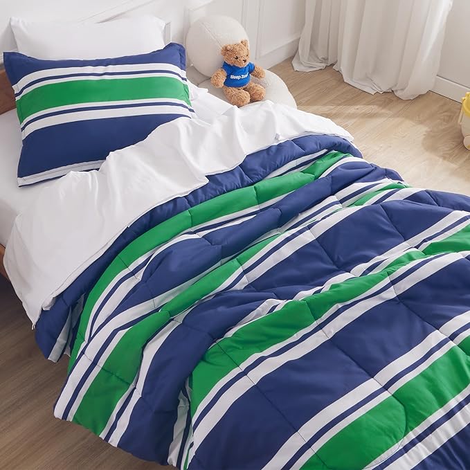 SLEEP ZONE Kids Rugby Twin Bedding Comforter Set - Super Cute & Soft Kids Bedding 5 Pieces Set with Comforter, Sheet, Pillowcase & Sham (Rugby Stripe Navy/Green)