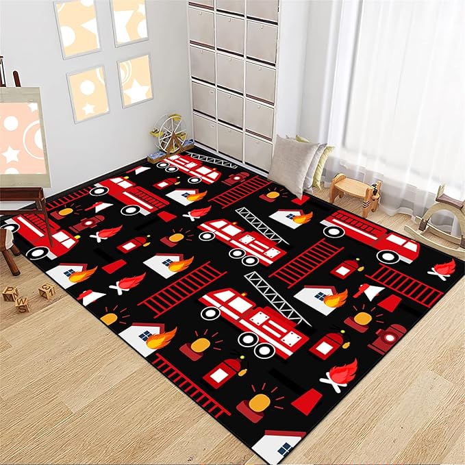 Car Play Rug Fire Fighting Truck Area Rug Car Rug Play Mat Kids Rugs for Playroomcar Rug for Boys Room Carpet Floor Mat for Bedroom Living Room,Black 2'5''×4'