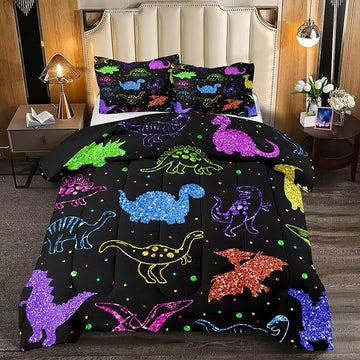 Dinosaur Kids Bedding Sets for Boys, Cartoon Dinosaur Comforter Sets Queen Size Colorful Dinosaur Bedding Soft Breathable Dinosaur Quilt for All Season (1 Comforter 2 Pillowcase)