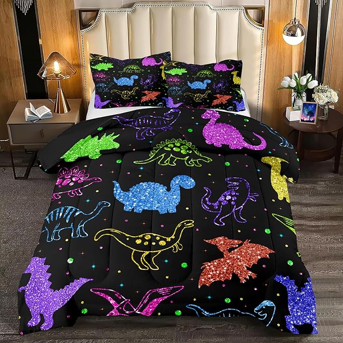 Dinosaur Kids Bedding Sets for Boys, Cartoon Dinosaur Comforter Sets Queen Size Colorful Dinosaur Bedding Soft Breathable Dinosaur Quilt for All Season (1 Comforter 2 Pillowcase)