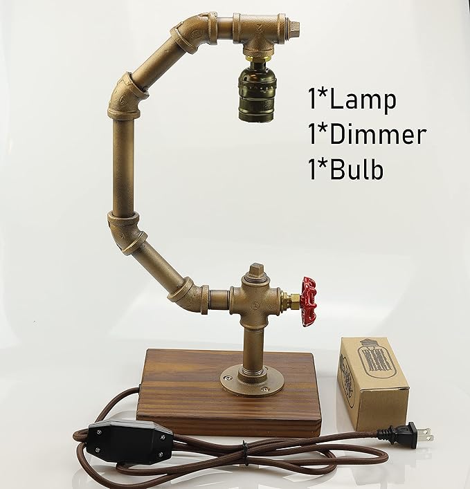 Steampunk Lamp with Dimmer, Dimmable Loft Style Industrial Vintage Antique Style Light with Bulb, Wood Base with Iron Piping Desk Lamp, Retro Desk Lamp LL-032