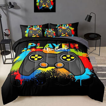 6 Pieces Gamer Comforter Set for Boys Gaming Bedding Set Queen Size,Video Game Controller Comforter for Kids Adult 3D Gamepad Microfiber Bedding Sets 6 Pieces Bed in A Bag Sets30019,Queen