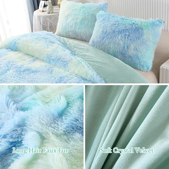 WINLIFE Shaggy Bedding Comforter Set Faux Fur Flannel Furry Comforter Microfiber Long Hair Fluffy Plush Comforter Sets Gradient Ombre Blue Aqua Teal Bedding for Girls Adults (3Pcs, Queen, Mint Green)