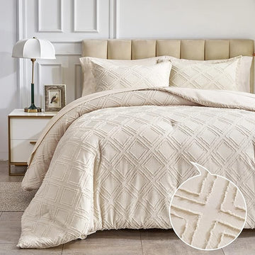 6 Pieces Tufted Bed in a Bag Twin Comforter Set with Sheets Beige, Soft and Embroidery Shabby Chic Boho Bohemian Design, Luxury Solid Color with Diamond Pattern, Jacquard Tufts Bedding Set for Kids