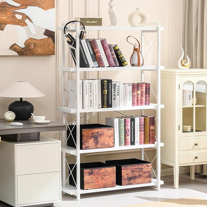 HCHQHS Bookshelf, 5-Tier Industrial Bookcase, White Open Book Shelf, Freestanding Tall Bookshelves with Metal Frame