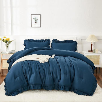 Andency Navy Blue Comforter Set King Size, 3 Pieces Boho Lightweight All Season Solid Bedding Comforters & Sets, Double Women Men Shabby Chic Bed Set(104x90In Comforter & 2 Pillowcases)