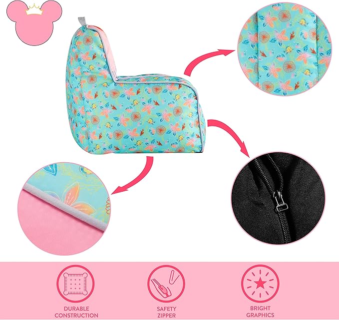 Idea Nuova Disney Little Mermaid Kids and Toddler Canvas Bean Bag Chair with Piping & Top Carry Handle