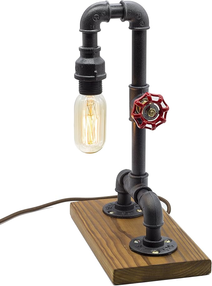 Loft Style Lamp with Dimmer, Dimmable Steampunk Industrial Vintage Antique Light, Wood Base with Iron Piping Desk Lamp, Y-Nut “Zhang Fei” Retro Desk Lamp LL-021