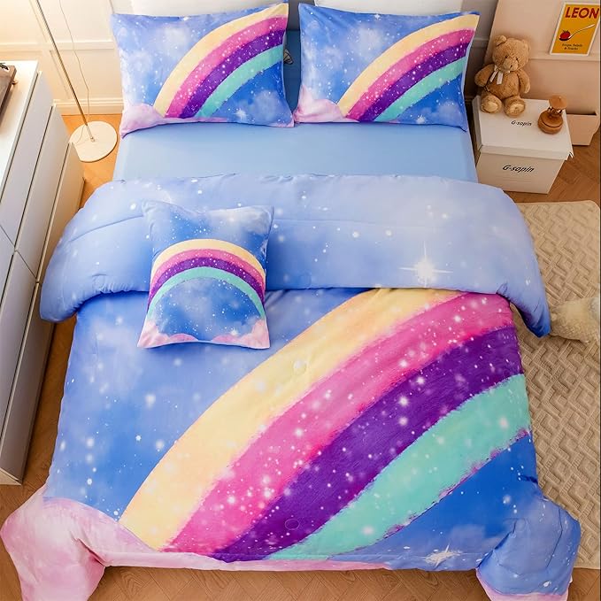 Blue Girls Bedding Set Twin, 6Pcs Colorful Rainbow Kids Comforter Set for Girls, 3D Gradient Glitter Bed in A Bag with Comforter, Sheets and Pillowcases for Teens
