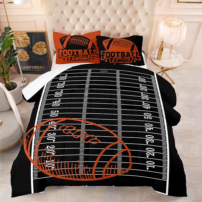 Tailor Shop Sports Football Bedding Set for Boys Kids Teens ，Football Comforter Sets Twin Size Black Rugby Theme Bedding Set with 1 Comforter 1 Pillowcases…