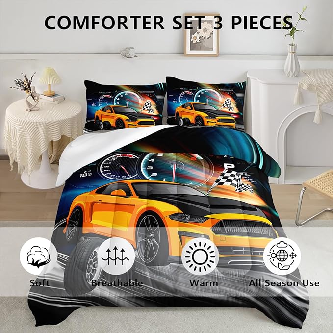 Axolotl Race Car Bedding Set Full Size,Boys Extreme Sports Comforter Set for Kids Boys Car Racing Gifts,Yellow Cool Car Comforter Car Sports Quilt Set 1 Comforter with 2 Pillowcase Car Racing Gifts
