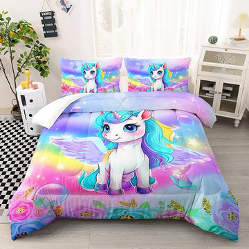 Kid Unicorn Comforter Set Twin Size 3Pcs Butterfly Rainbow Flower Star Pattern Quilt Bedding Set for Boys Girls with 1 Comforter and 2 Pillowcases