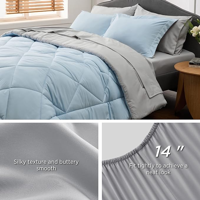 Bedsure Sky Blue King Size Comforter Set - 7 Pieces Reversible King Bed in a Bag King Bed Set with Comforters, Sheets, Pillowcases & Shams, King Bedding Sets