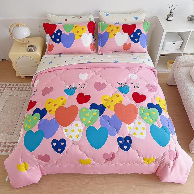 7 Piece Kids Pink Heart Bedding Sets Twin Comforter Set with Sheets - Colourful Reversible Heart Shaped Cute Bedding for Girls Kids - Love Quilt Bed in a Bag All Season