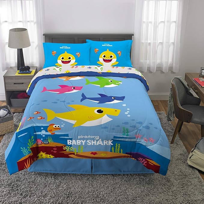 Franco Kids Bedding Super Soft Comforter and Sheet Set, 5 Piece Full Size, Baby Shark