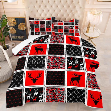 Tailor Shop Deer Comforter Sets for Kids Boys Teens Camo Comforter Sets Twin Size Black and Red Bedding Set Room Decor, Deer Antlers Bed Sets with 1 Pillowcase…