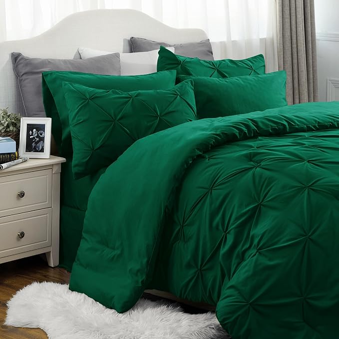 Bedsure King Size Comforter Set - Bedding Set King 7 Pieces, Pintuck Bed in a Bag Dark Green Bed Set with Comforter, Sheets, Pillowcases & Shams