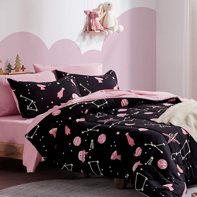 SLEEP ZONE Kids Bedding Comforter Set Full/Queen Size - Super Cute & Soft Kids Bedding 7 Pieces Set with Comforter, Sheet, Pillowcase & Sham (Pink Galaxy)