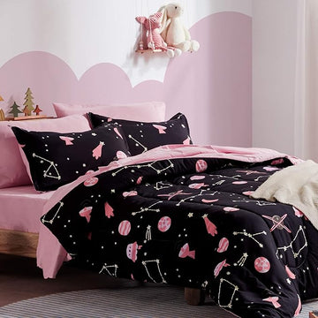 SLEEP ZONE Kids Twin Bedding Comforter Set - Super Cute & Soft Kids Bedding 5 Pieces Set with Comforter, Sheet, Pillowcase & Sham (Pink Galaxy)