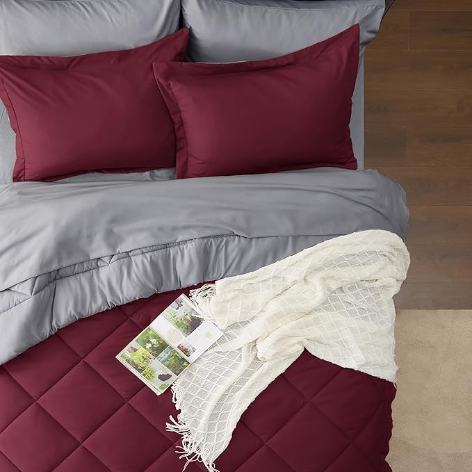 Bedsure Burgundy 7 Piece Reversible Comforter Set - Bed in a Bag with Comforters, Sheets, Pillowcases & Shams