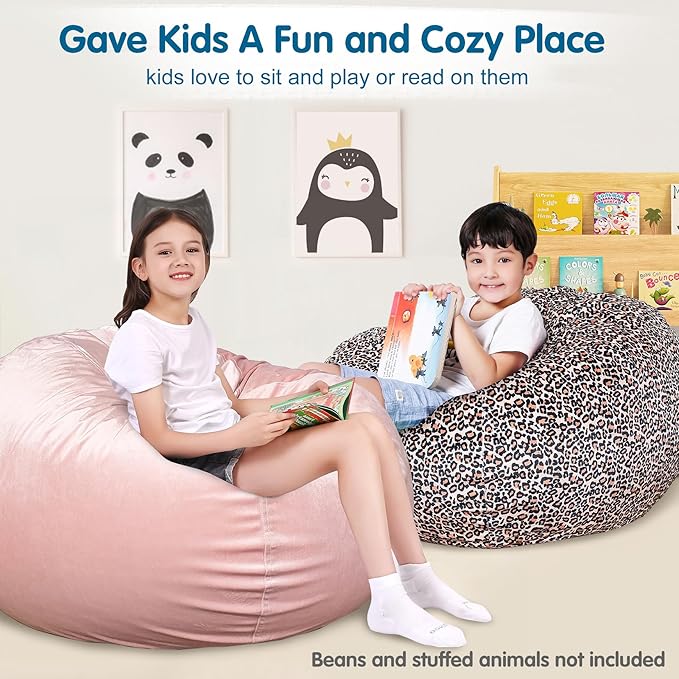 Lukeight Stuffed Animal Storage Bean Bag Chair Cover for Kids, Stuffed Animal Bean Bag Storage, Zipper Beanbag Chair Cover for Organizing Toddler & Kids' Rooms Plush Toys (Leopard Velvet, Large)