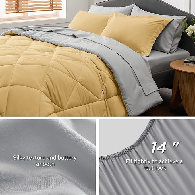 Bedsure Yellow King Size Comforter Set - 7 Pieces Reversible King Bed in a Bag King Bed Set with Comforters, Sheets, Pillowcases & Shams, King Bedding Sets