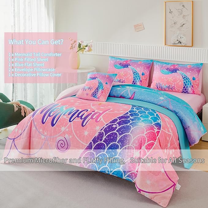 RYNGHIPY Mermaid Kids Girls Comforter Set Full Size Pink Blue Gradient Fish Tail Bed in a Bag - includes Comforter & Sheet Set for Teens Girls Super Soft Kids Bedding