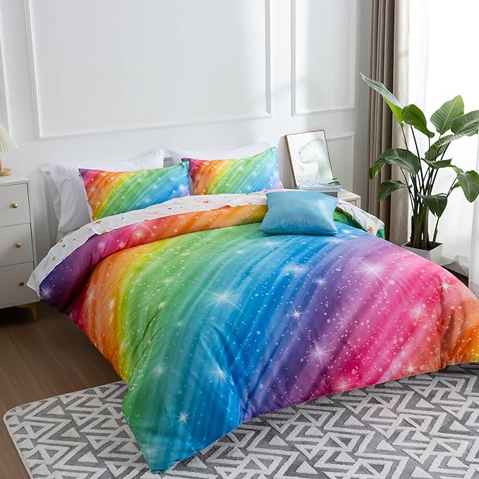 Btargot Super Soft 6 Pieces Gradient Star Ring Comforter Set, Colorful Glitter Rainbow Star Pattern Bedding Set for Boys Girls Teens,Full Multicolor