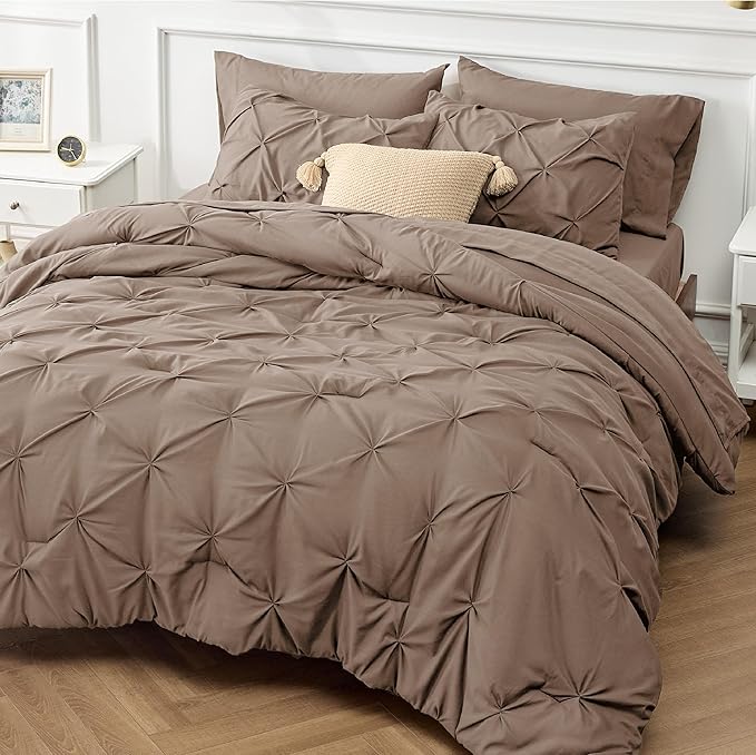 Bedsure Full Size Comforter Sets - 7 Pieces Pintuck Bed Set Full Size, Brown Full Size Bed in a Bag with Comforter, Sheets, Pillowcases & Shams