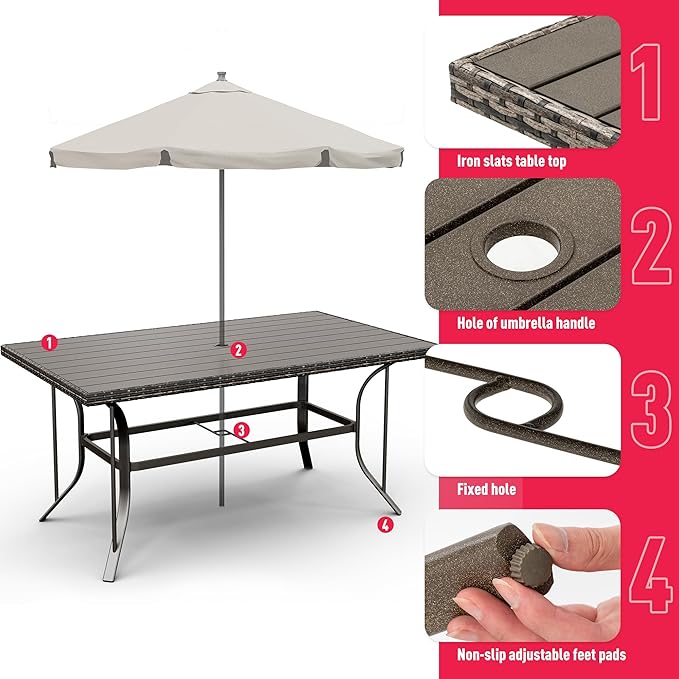 Pamapic 7 Piece Patio Dining Set for 6,Outdoor Wicker Furniture Set for Backyard Garden Deck Poolside with 4 Dining Chairs and 2 Swivel Rockers,Iron Slats Table Top, Removable Cushions(Beige)