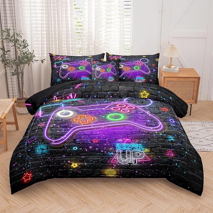 NINENINE Gaming Bedding Sets for Boys,6PCS Twin Bedding Sets for Boys,Gamer Comforter Sets for Kids Bedding Comforter Sheet Set(1Comforter,1Flat Sheet,1Fitted Sheet,1Cushion Cover,2Pillowcases)