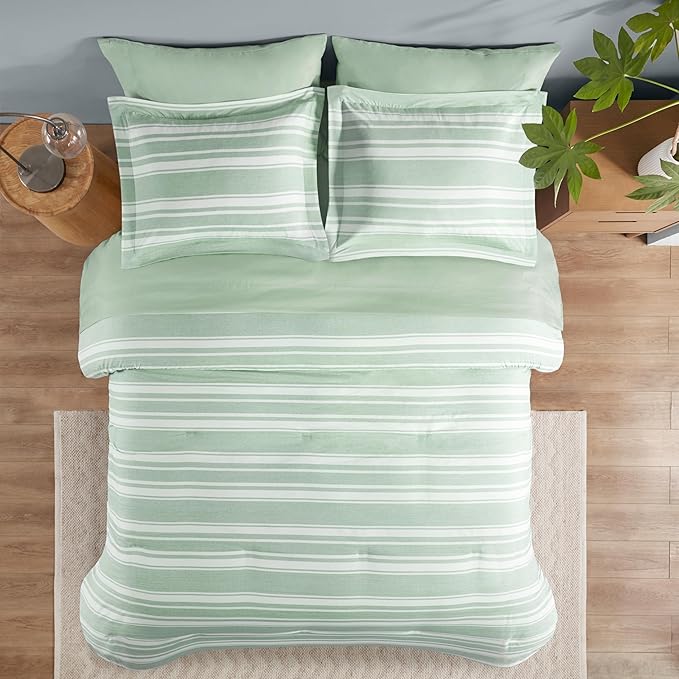 Codi Queen Comforter Set 7 Piece, Sage Green White Striped Bed in a Bag Reversible, Cationic Dyeing Shabby Chic Bedding Sets with Comforter, Sheets, Pillowcases & Shams