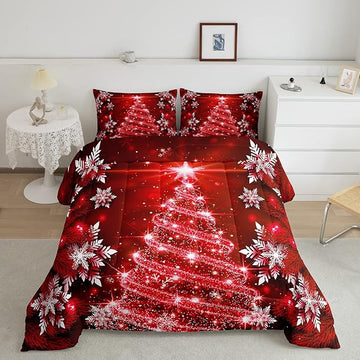 Feelyou Christmas Tree Comforter Set for Children Kids Boys Girls Luxury Chic Xmas Theme Bedding Set Glitter Snowflake Star Comforter Microfiber Red Duvet Set Room Decor Quilt Set Twin Size