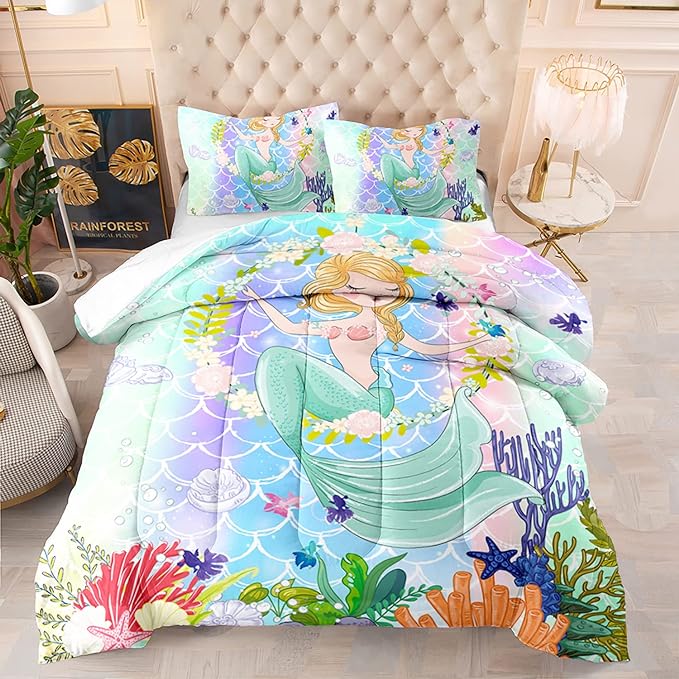 CVHOUSE Mermaid Comforter Set,Ocean Sea Mermaid Bedding Set for Girls Kids Teens,Mermaid Comforter Butterflies Duvet Set Room Decor Quilt Set Queen Size