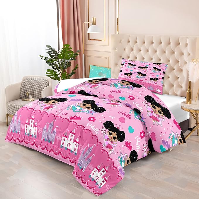 Girl Comforter Set Twin Size, Black Girl Comforter Set, African American Little Girl Twin Comforter Sets Decor for Girls Bedroom 2 Piece Pink Twin Quilt Set with 1 Comforter 1 Pillowcases