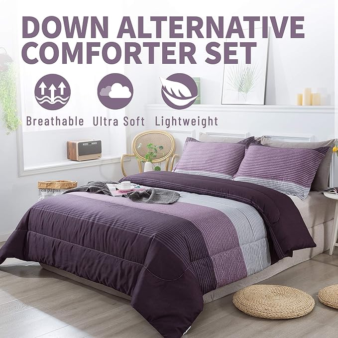 Andency Stripe Comforter Set Full Size (79x90 Inch), 3 Pieces Purple and Gray Patchwork Striped Comforter, Soft Microfiber Down Alternative Comforter Bedding Set with Corner Loops