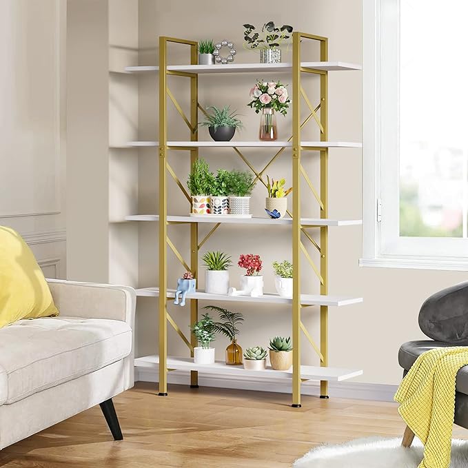 YITAHOME 5 Tier Gold Bookshelf, 70.9" Tall Modern Wide Bookcase, Open Storage Rack Shelves in Living Room/Bedroom/Home/Office, Books Holder Organizer for Books/Plants, Gold & White